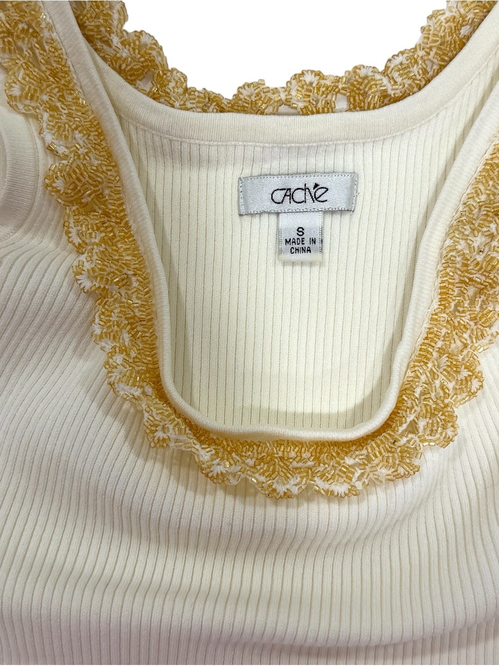 Cache Cream Ribbed Tank with Gold Trim | Size S - Picture 5 of 7